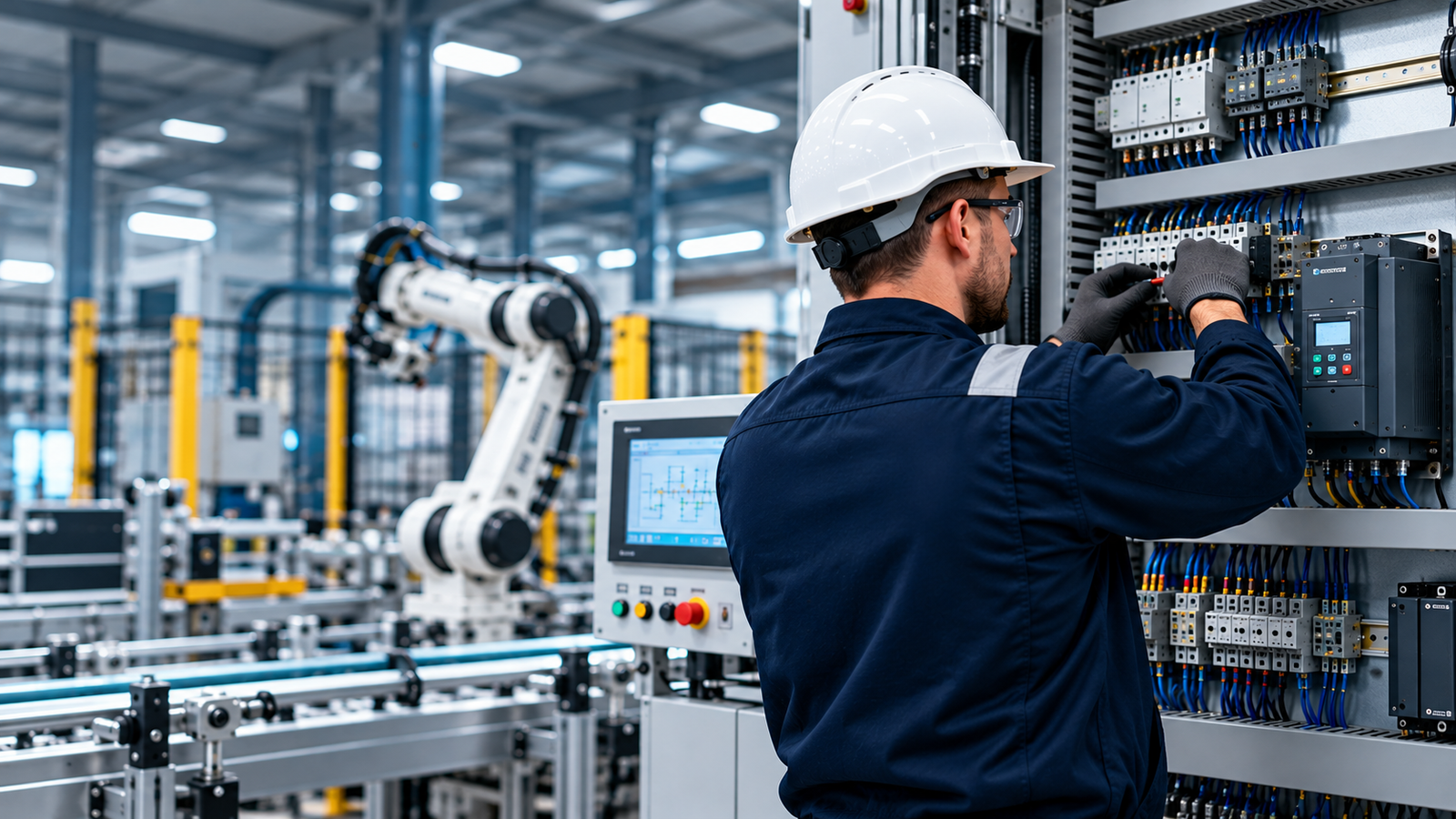 Engineer wiring an industrial control cabinet on a factory production line